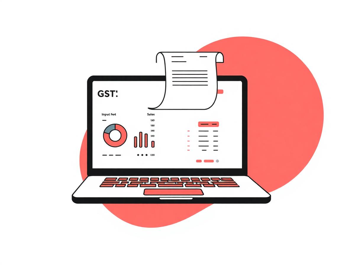GST billing dashboard with a printed invoice, sales pie chart and barcode scanner