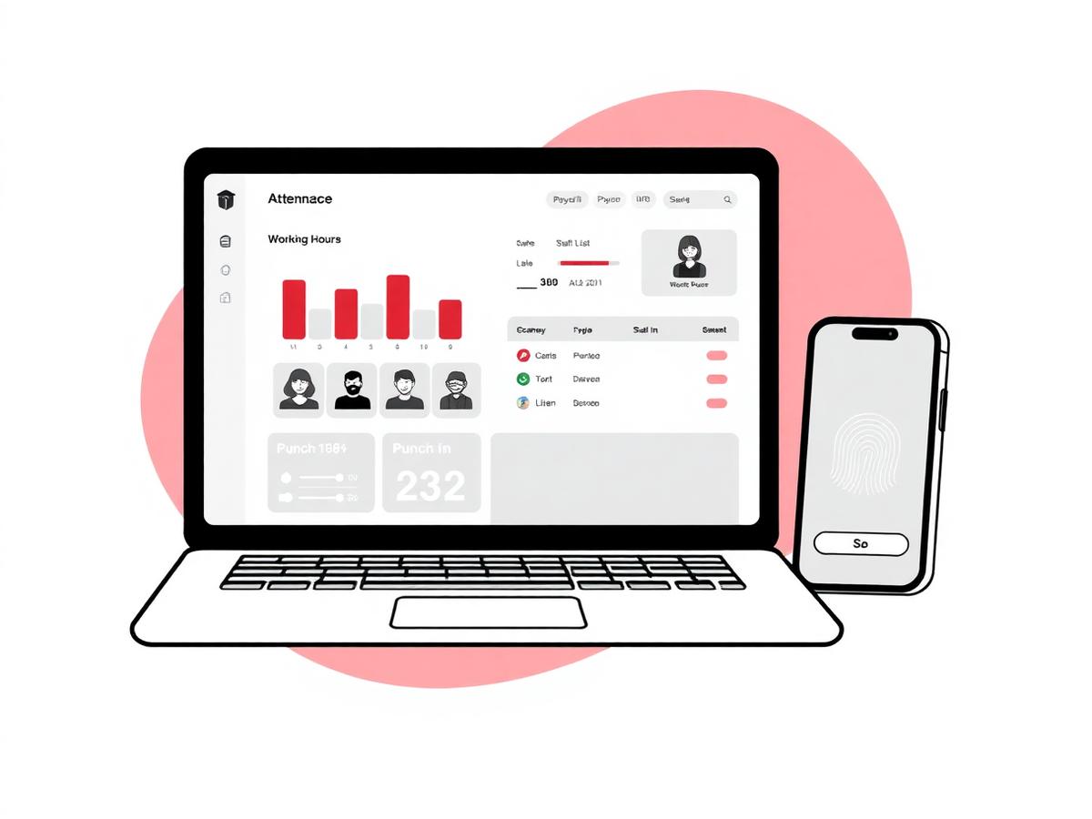 Attendance and payroll dashboard with a working-hours bar chart, staff list and a fingerprint punch-in app